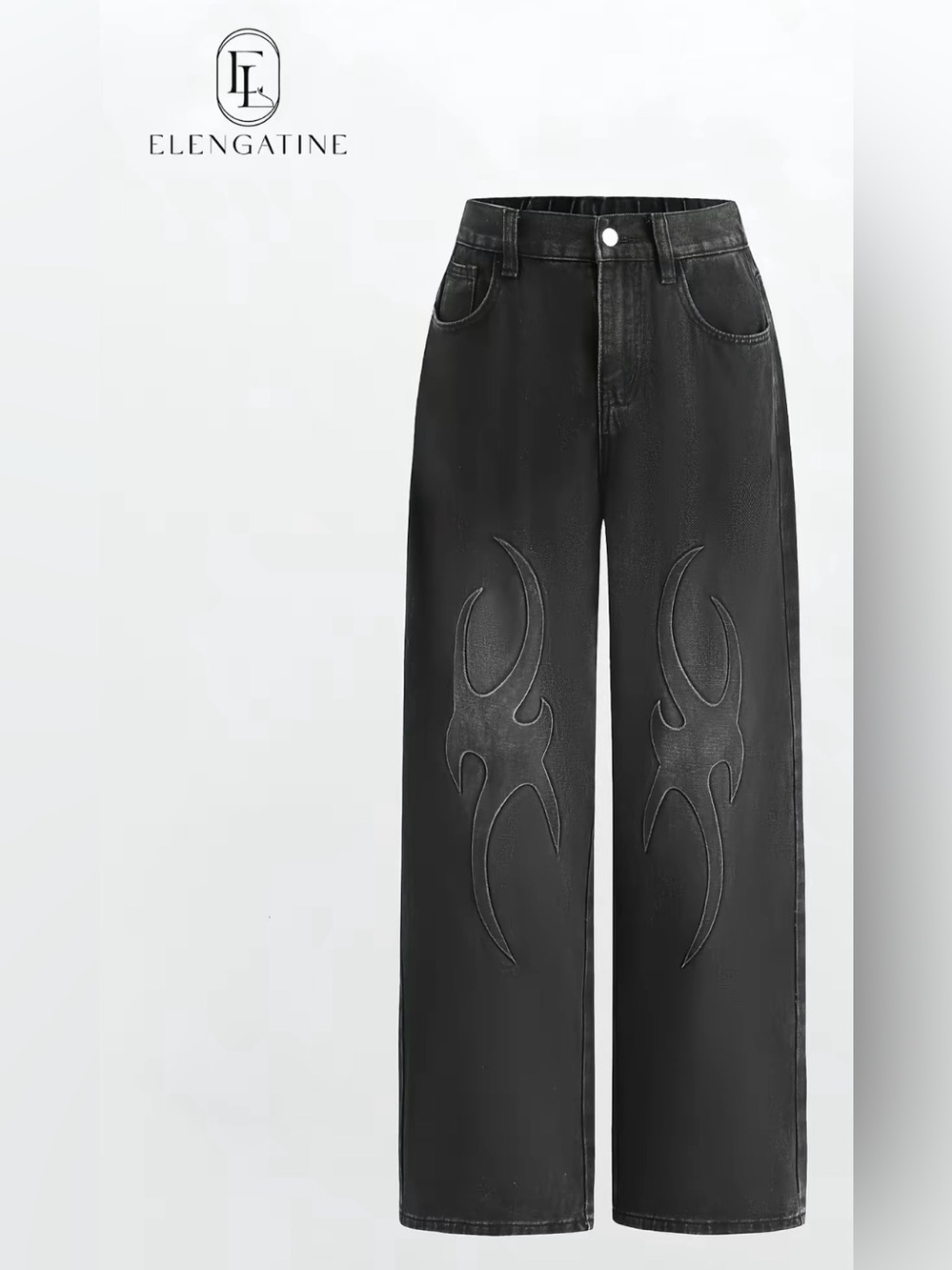 Elengatine XS Black Flame Embossed Wide Leg Denim Pants High Waist